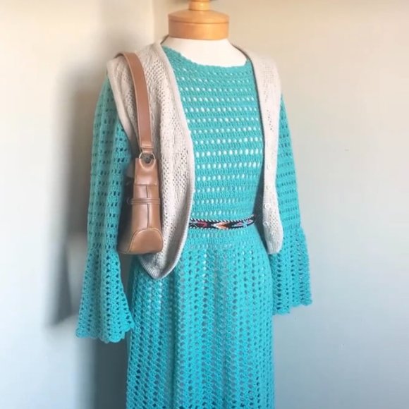Crochet Bell Sleeve Turquoise Dress with Button Closure - Picture 1 of 8